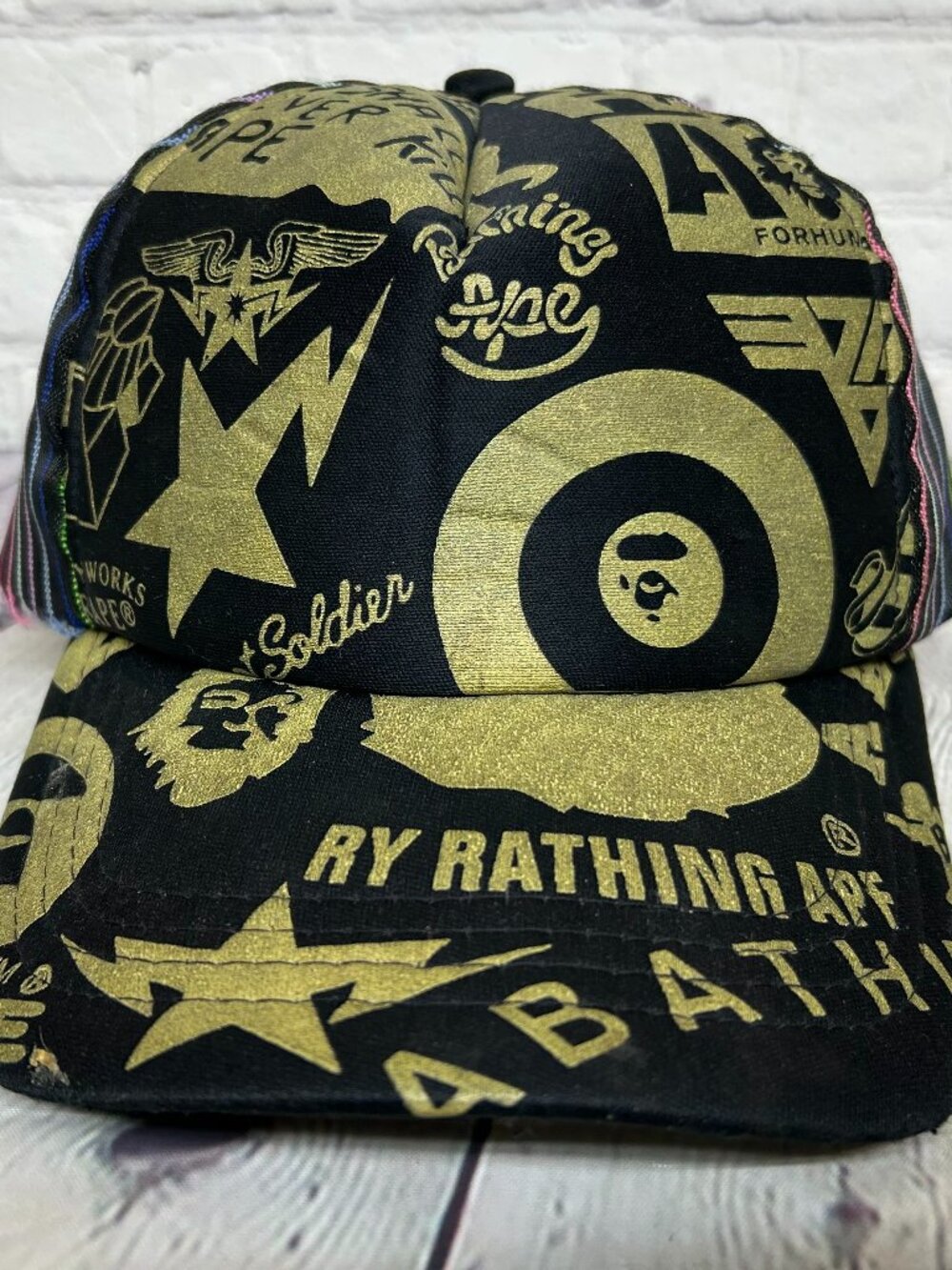 BAPE Bathing Ape Trucker Hat Mech Cap Multicolor Stripe Rainbow - DEFECT - LOOK
